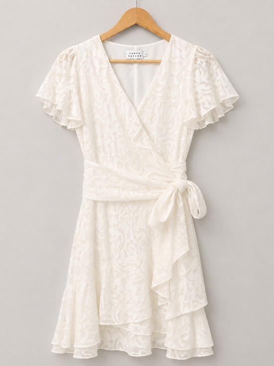 Tanya Taylor Dresses & Skirts - Tanya Taylor Ivory Wrap Dress Size 0 NWOT Ruffle Sleeve Bridal Cocktail Dress